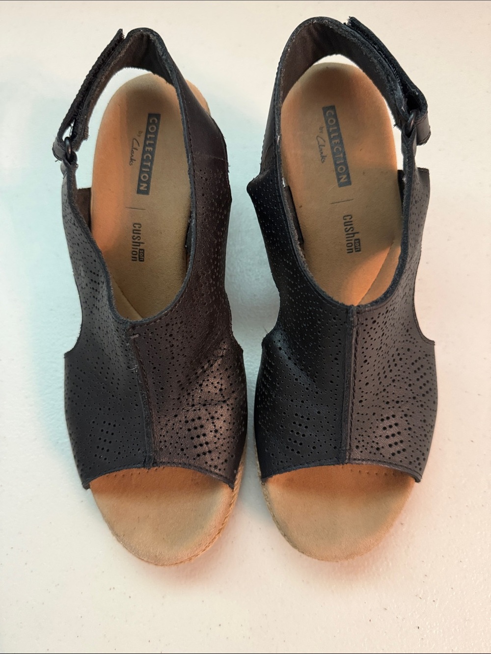 Clarks Black Perforated Slingback Wedge Sandals